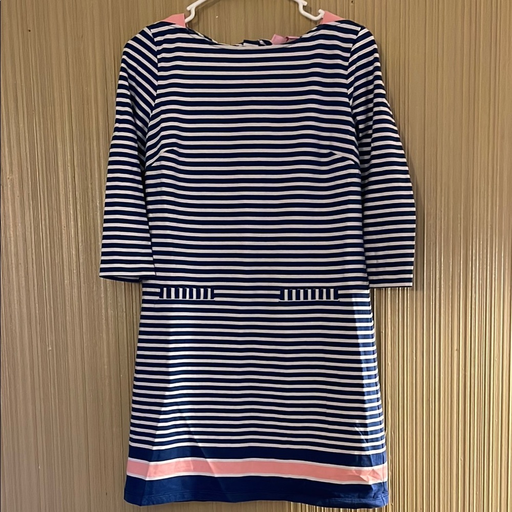 Navy and White Striped Dress with Pink Accents